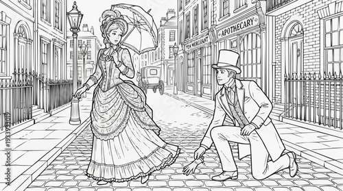 Coloring page for children - Victorian gentleman picks up a glove for a lady, romantic moment on a cobblestone street.