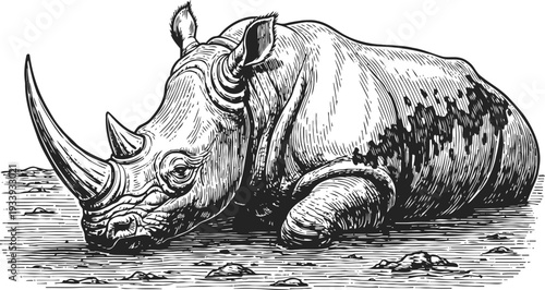 Resting rhinoceros lying on the ground detailed black and white engraving animal illustration