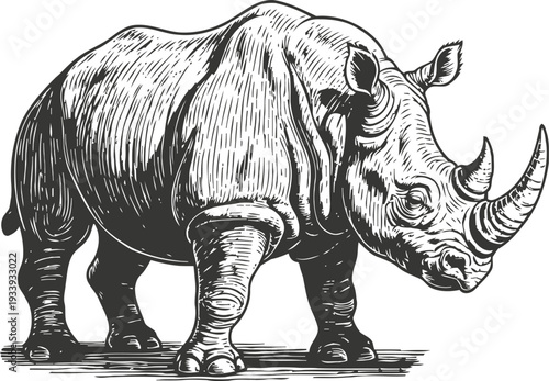 Detailed black and white illustration of a rhinoceros standing, wild animal with textured skin and prominent horn
