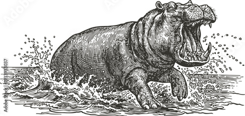 Hippo roaring in water splashing, wild african animal in natural habitat illustration