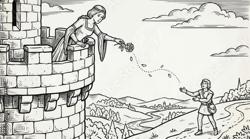 Coloring page for children - a noble lady drops a flower from a castle tower, a romantic scene in a medieval setting
