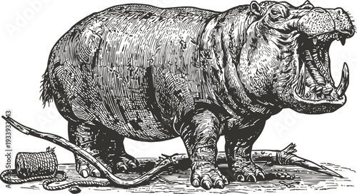 Detailed vintage illustration of a roaring hippopotamus, wild african animal, wildlife engraving