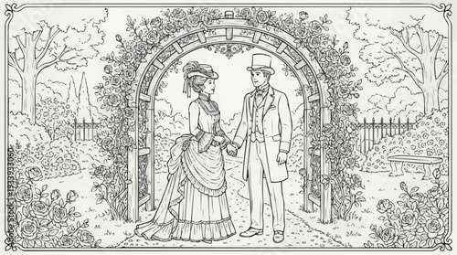 Coloring page for children - Renaissance lovers under an arch, romantic atmosphere