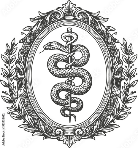 Vintage caduceus emblem with serpent entwined around staff inside ornate decorative oval frame