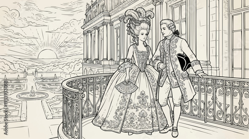 Coloring page for children - Eighteenth-century aristocratic couple in elegant clothing on palace balcony at sunset