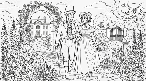 Coloring page for children - Regency couple walking in a blooming garden, romantic atmosphere, manor background