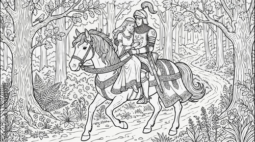 Coloring page for children - Medieval couple riding together on horse along a forest path
