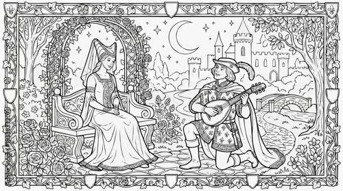 Coloring page for children - Medieval troubadour serenading lady in a moonlit castle garden