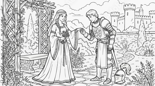Coloring page for children - Medieval noble couple meeting in castle garden, wearing flowing dress and armor, tender emotions
