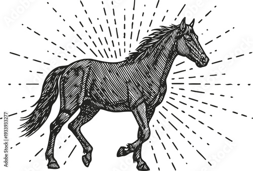 hand drawn horse illustration with radial lines background vintage equine art, wild horse walking design