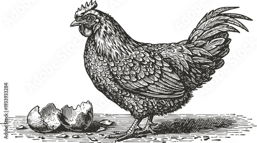 detailed vintage illustration of a hen standing next to broken eggshells on the ground
