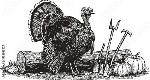 Wild turkey standing near pumpkins and gardening tools on the ground autumn harvest and wildlife nature scene