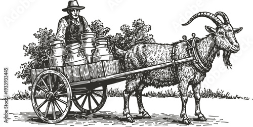 Goat pulling cart with milk cans vintage illustration traditional farming animal transportation scene