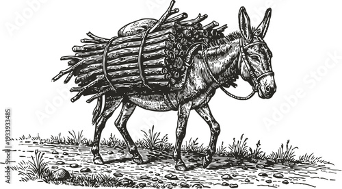 donkey carrying heavy load of bundled sticks walking on rocky path vintage illustration