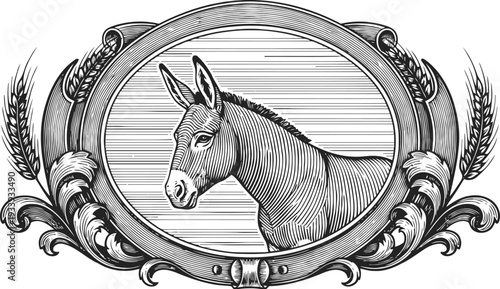 Vintage engraving of donkey head framed by ornate wheat and scrollwork elements