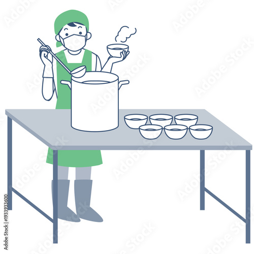 大きな鍋から料理をよそう女性