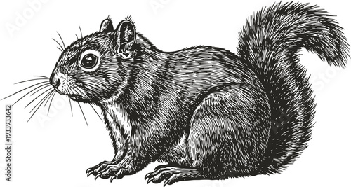 Detailed black and white illustration of a squirrel in side profile with bushy tail and textured fur