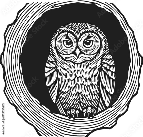 Owl perched inside a hollow tree trunk illustrated with detailed wood grain and feather texture