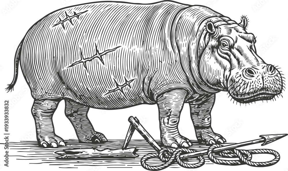Fototapeta premium Vintage hippopotamus illustration standing next to a spear and rope trap, hand drawn animal sketch