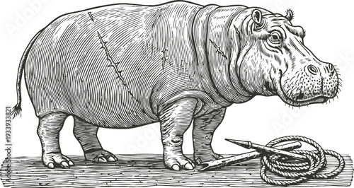 Hand drawn hippopotamus standing next to coiled rope vintage wildlife illustration with detailed line art