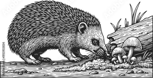 Hedgehog sniffing mushrooms near log in forest detailed black and white illustration