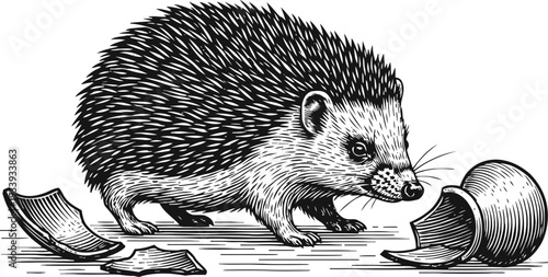 vintage illustration of hedgehog sniffing broken ceramic pot shards on ground