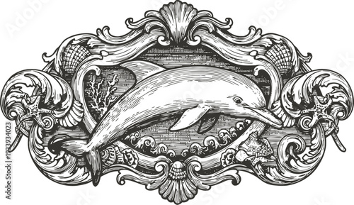 vintage dolphin engraving with ornate marine decorative frame and underwater elements in classic