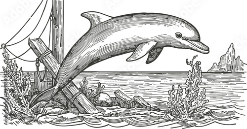 Vintage dolphin illustration jumping out of water near shipwreck and seaweed in ocean landscape