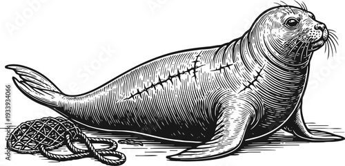 engraved seal lying on ground with fishing net vintage nautical marine animal illustration in black and white