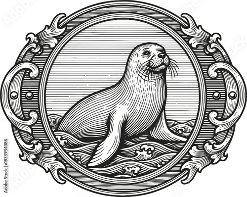 Vintage engraving of a seal resting on ocean waves in an ornate circular frame