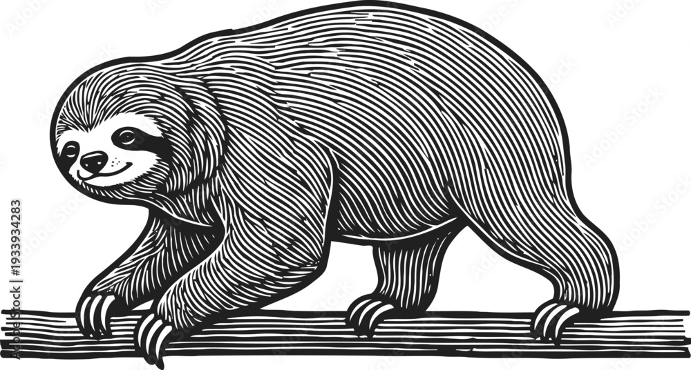 Fototapeta premium sloth climbing on tree branch detailed hand drawn engraving illustration of slow animal