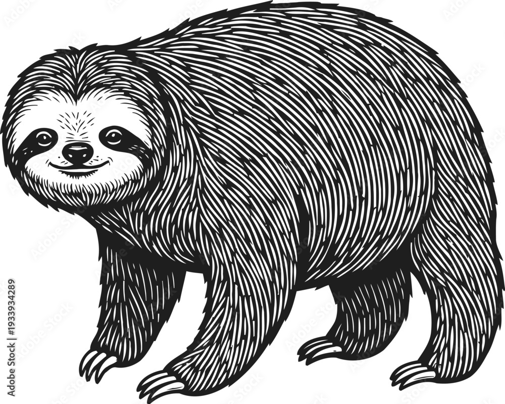 Fototapeta premium Detailed black and white illustration of a smiling sloth with textured fur and claws
