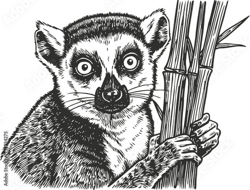 lemur clinging to bamboo stalk with wide eyes detailed black and white engraved illustration