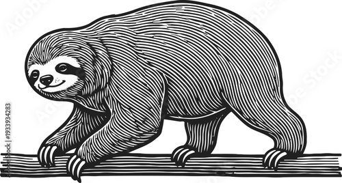 sloth climbing on tree branch detailed hand drawn engraving illustration of slow animal
