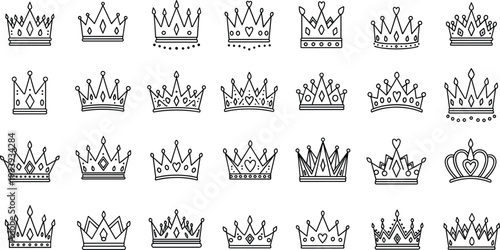 Hand drawn crown icon set in outline style isolated on white background for royal branding, king and queen symbols, logo design, and decorative illustration projects