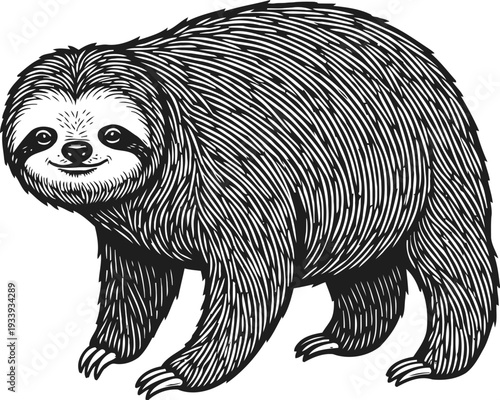 Detailed black and white illustration of a smiling sloth with textured fur and claws