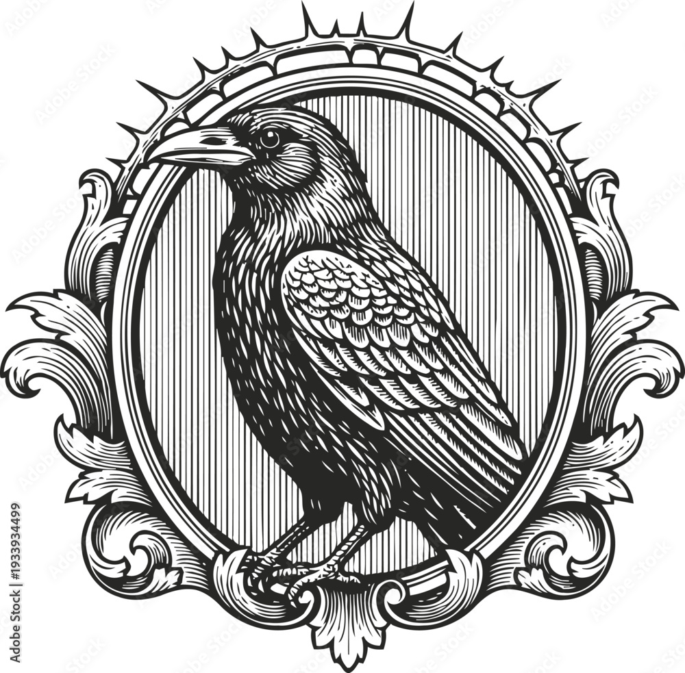 Fototapeta premium Intricate black raven illustration in ornate vintage frame with detailed feather and line art engraving
