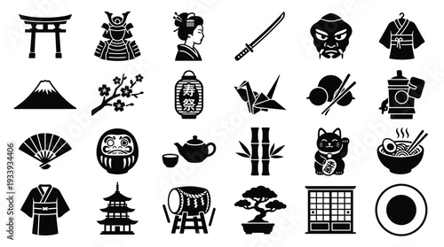 A collection of black and white Japanese cultural icons, including traditional clothing, samurai armor, and iconic landmarks.