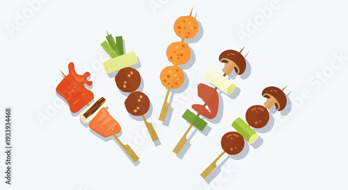 Assorted Skewers of Food: Meatballs, Vegetables, and Mushrooms