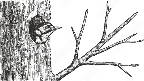 Woodpecker peeking from tree hole with bare branch detailed ink drawing forest bird wildlife sketch
