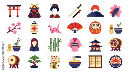 A vibrant collection of Japanese cultural icons and symbols, showcasing traditional art, architecture, and daily life.