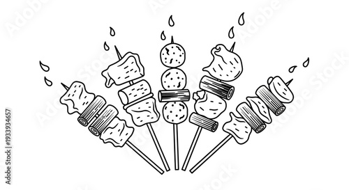 Hand Drawn Skewers of Meat and Vegetables