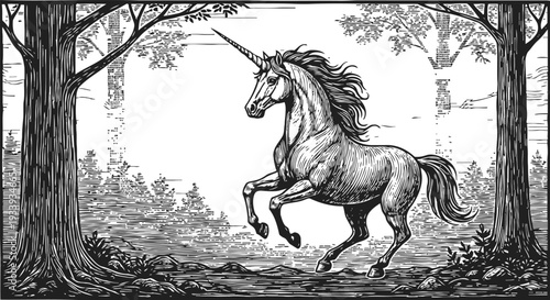 majestic unicorn rearing in enchanted forest clearing surrounded by trees and foliage fantasy mythical horse