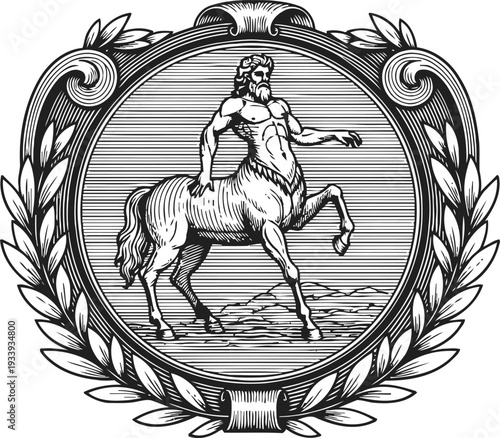 Ancient centaur engraving mythical half human half horse creature framed by laurel wreath design