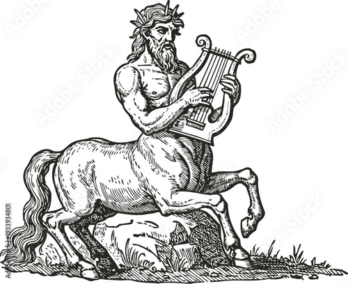 centaur playing lyre mythical half human half horse creature with musical instrument in traditional engraving