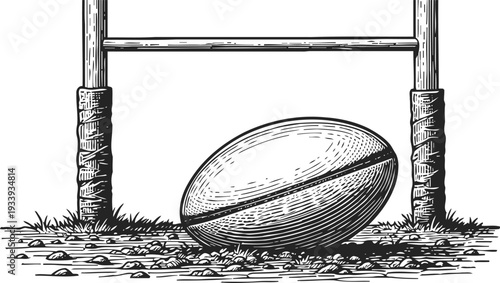Rugby ball on ground near goalposts sketch illustration of sports equipment and playing field