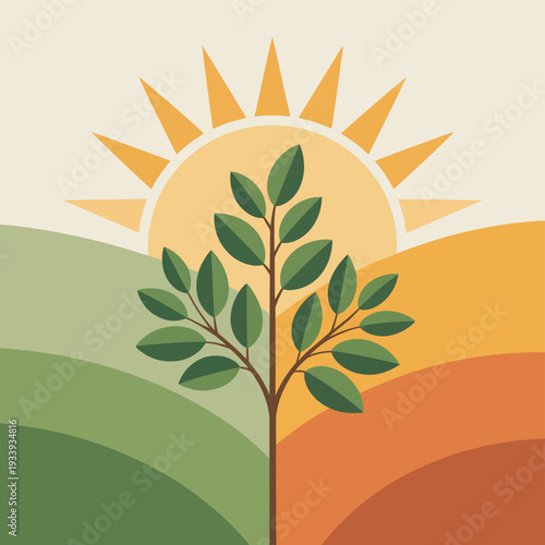 Green tree with leaves in front of a rising sun