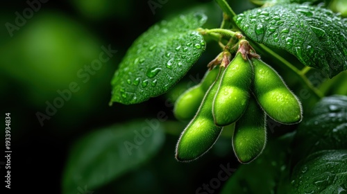 A vibrant close-up of fresh green soybeans nestled among lush leaves, embellished with delicate droplets of dew, signifying nature's health and bounty.
