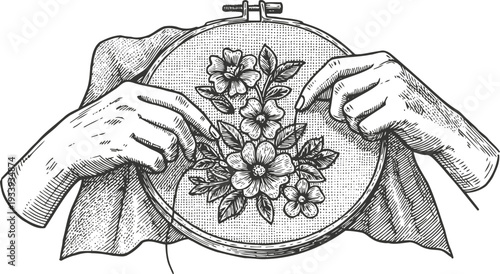 Vintage black and white illustration of hands doing floral embroidery on fabric in hoop