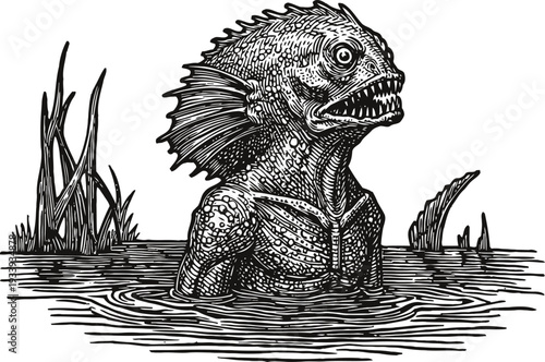 creature emerging from water detailed fantasy monster with scales, fins, and sharp teeth in swamp environment